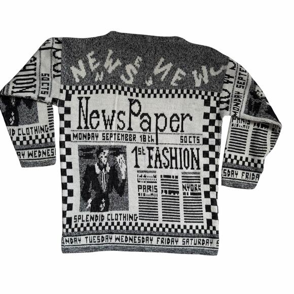 Vintage Adele Newspaper Print Sweater Medium Graphic Black White Retro Knit - Picture 7 of 13